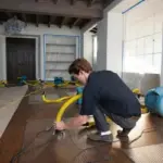 Cleaning and restoration services worker inspecting a floor drying mat connected to yellow hoses and blue air-drying equipment in an unfinished room.