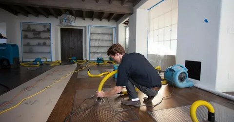 Cleaning and restoration services worker inspecting a floor drying mat connected to yellow hoses and blue air-drying equipment in an unfinished room.